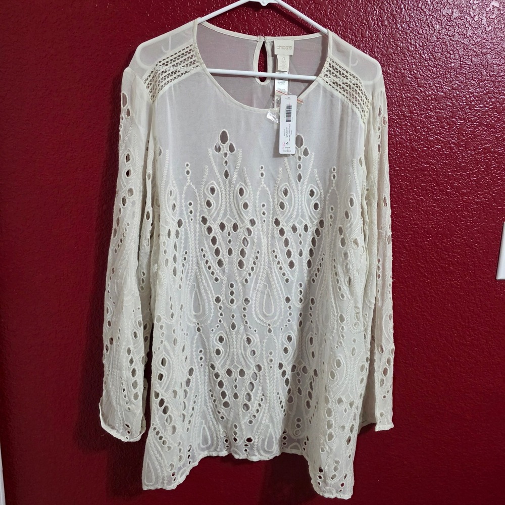 Chicos Women 4/2XL Tunic White Novelty Eyelet Mix Long Sleeve Boho Top